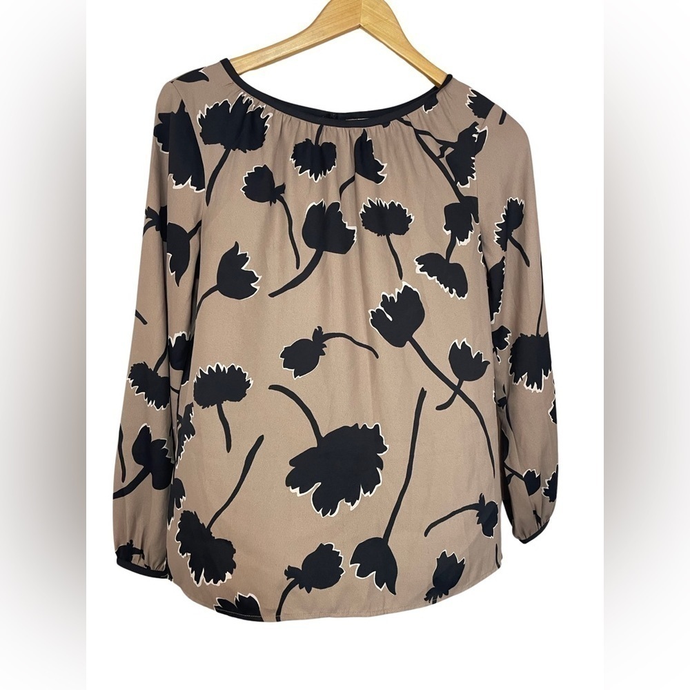 LOFT petite small blouse in a taupey brown and black fabric. Very pretty.
